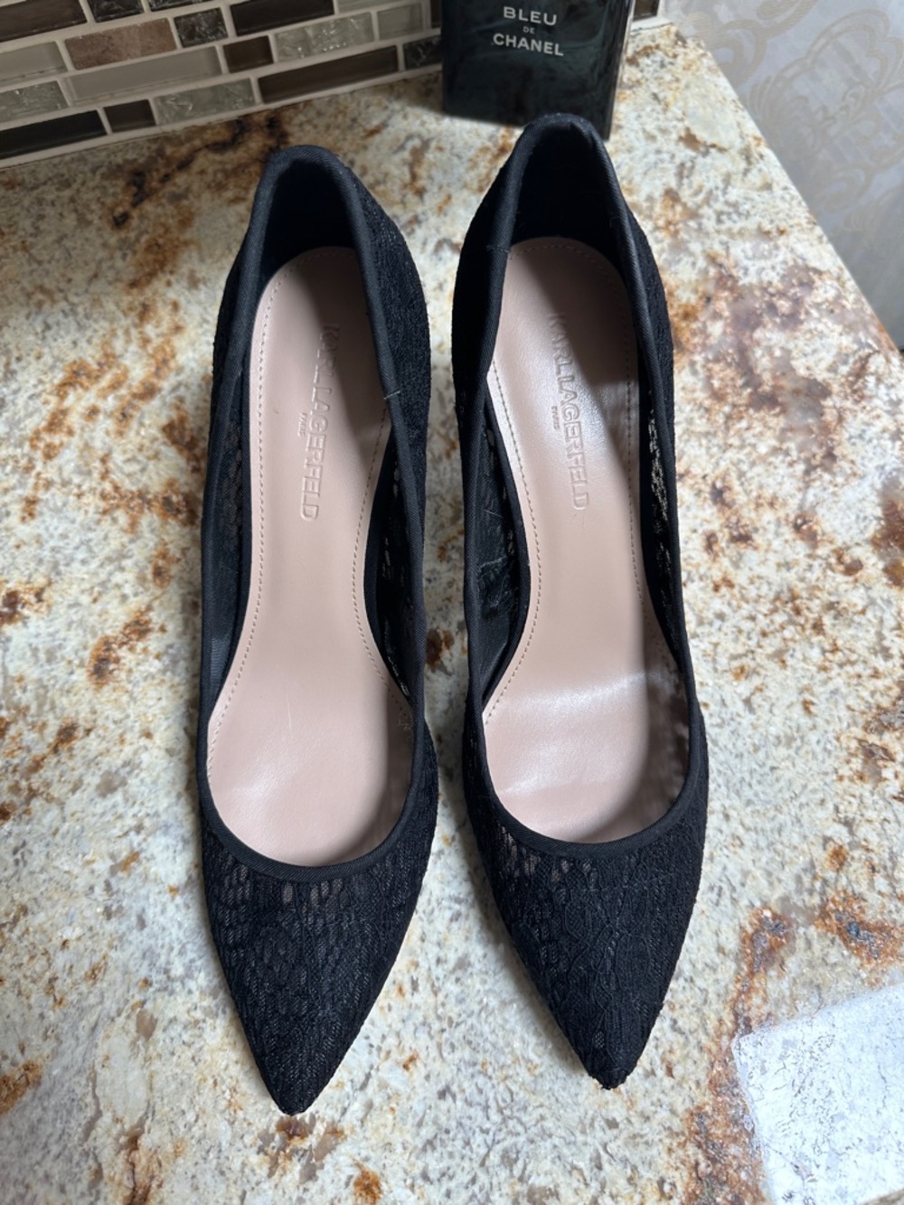 Karl Lagerfeld Black Lace Pointed Pumps with Nude Insole